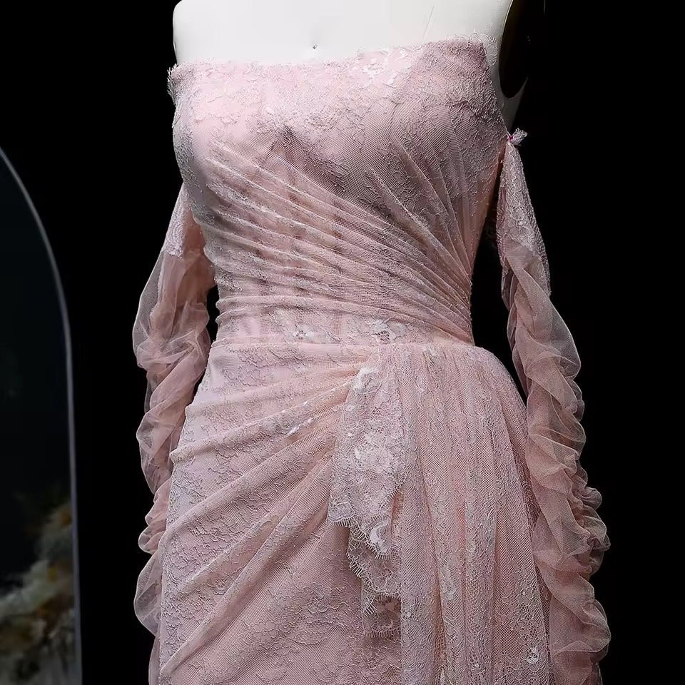 “Blush Orchid” Gown with Flowy Gloves and Draped Lace Detail