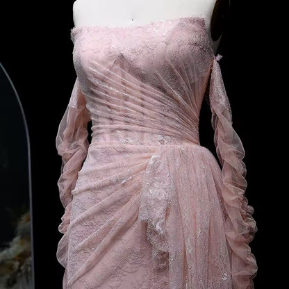 “Blush Orchid” Gown with Flowy Gloves and Draped Lace Detail