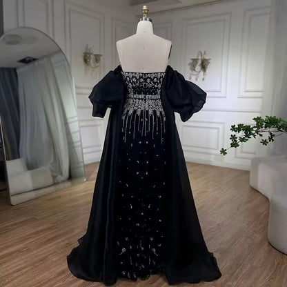 Black Puff Sleeves Evening Dress Gowns Beaded