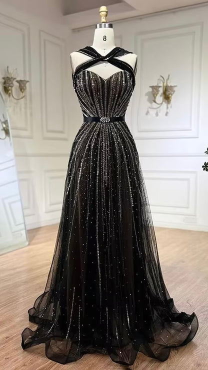 Black Sleeveless A-Line Luxury Beaded Evening Dresses