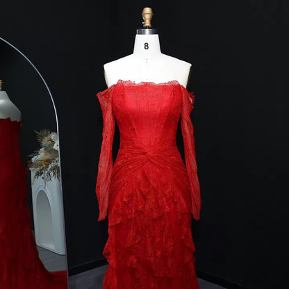 Lace Off Shoulder Evening Dress with Long Sleeves
