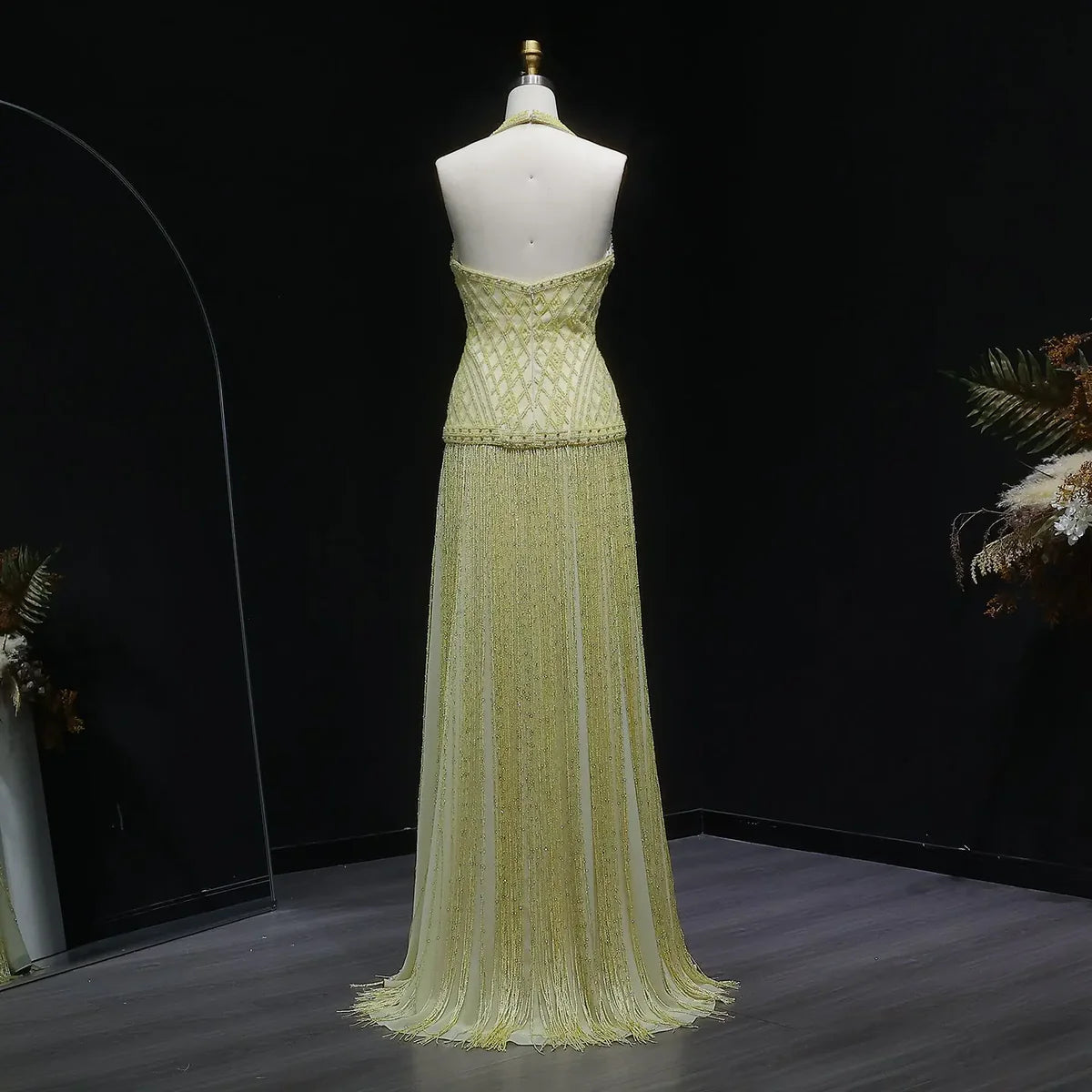 Geometric Beaded Bodice Gown with Cascading Bead Fringes