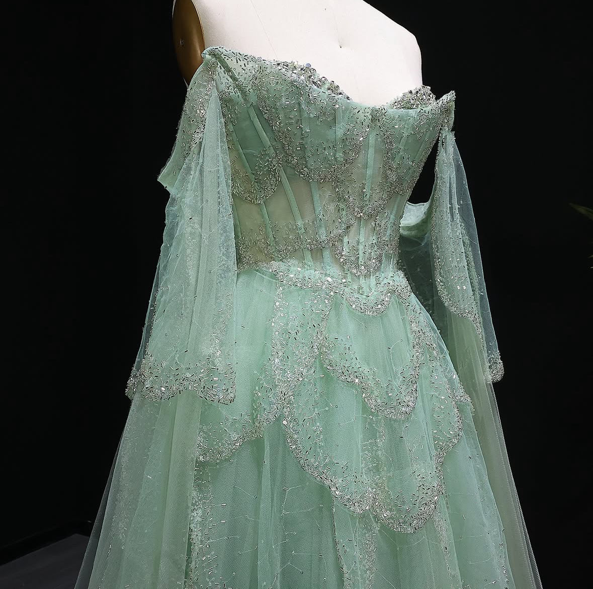 ‏Luxury Sage Green Off-Shoulder Evening Gown with Cape Sleeves