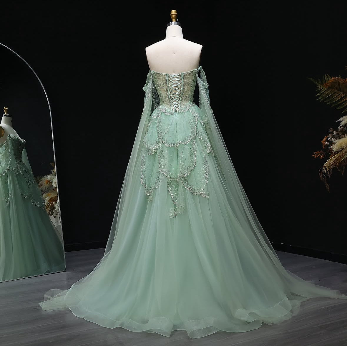 ‏Luxury Sage Green Off-Shoulder Evening Gown with Cape Sleeves