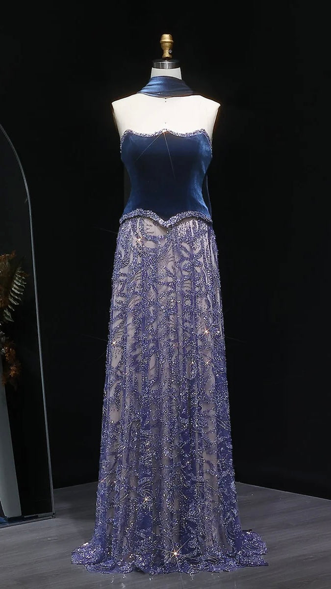 Gown with Velvet Corset & Flowing Scarf Drape