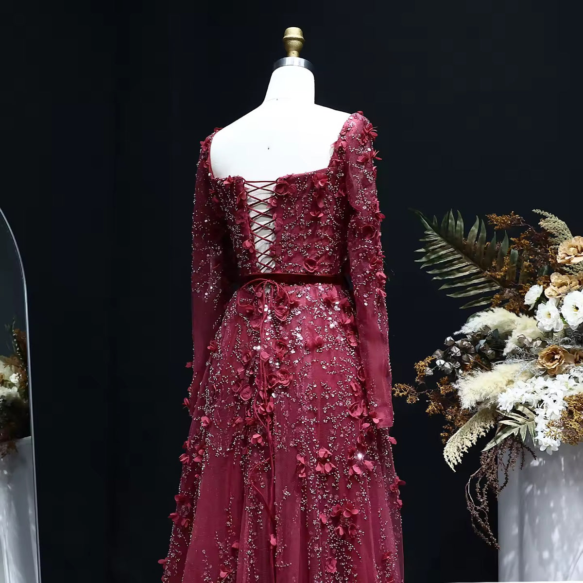 Luxury 3D Flower Long Sleeves Evening Dress