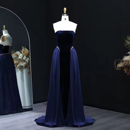 Velvet Strapless Gown with Draped Chiffon Panels and Crystal-Embellished Waist