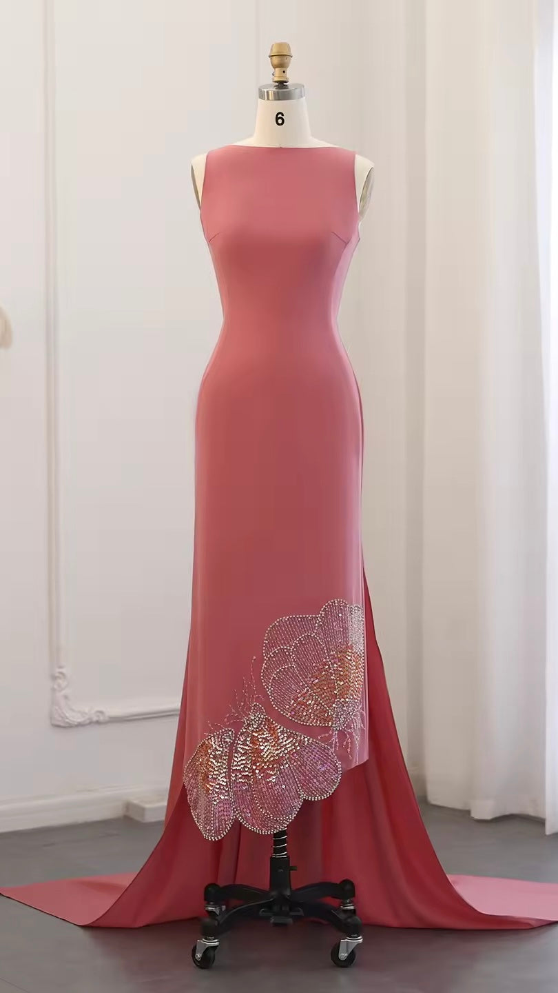 Elegant Fitted Gown with Beaded Butterfly Detail
