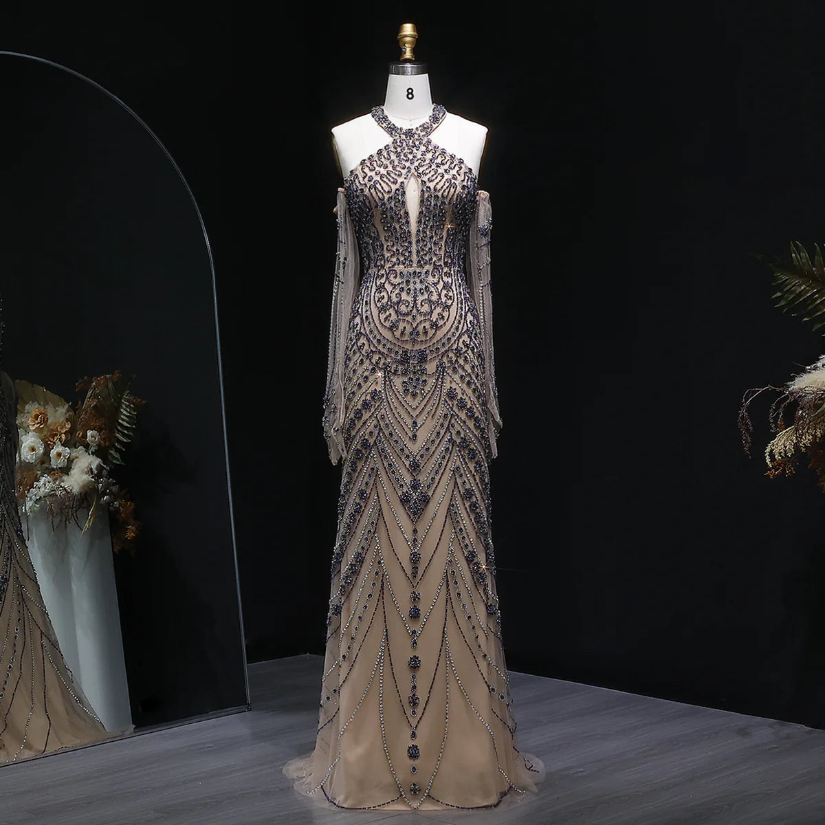 Crystal Embellished Gown with Draped Crystal Gloves and High Neck Cutout Detail