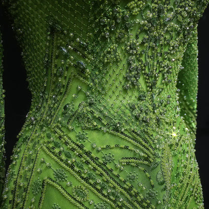 Lime Glow Full-Crystal Gown with Long Sleeves and V-Neckline