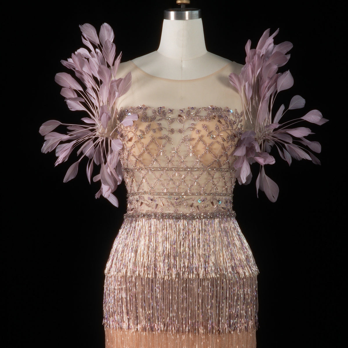 Luxurious Ombre Beaded Fringe Midi Cocktail Dress with Feather Sleeves