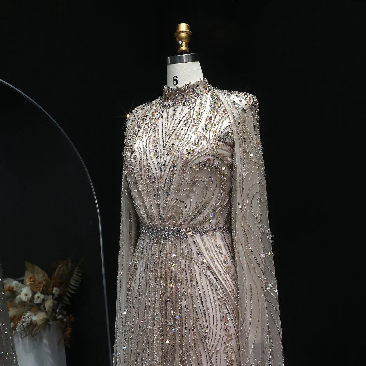 “Regal Dust” Embroidered High Neck Gown with Flowing Cape Sleeves