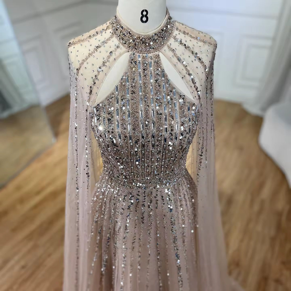 High-Neck Evening Gown with Sparkling Tulle Cape