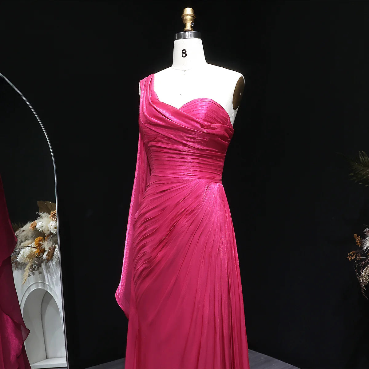 Metallic Ruched One-Shoulder Gown