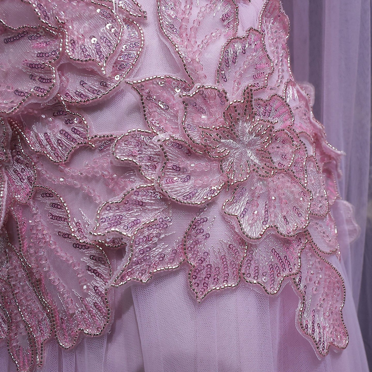 Lavender Tulle Gown with 3D Floral Appliques and Matching Neck Wrap