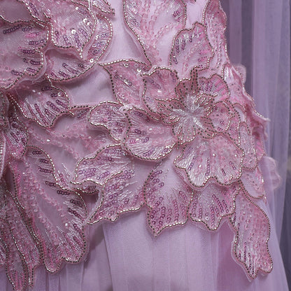 Lavender Tulle Gown with 3D Floral Appliques and Matching Neck Wrap