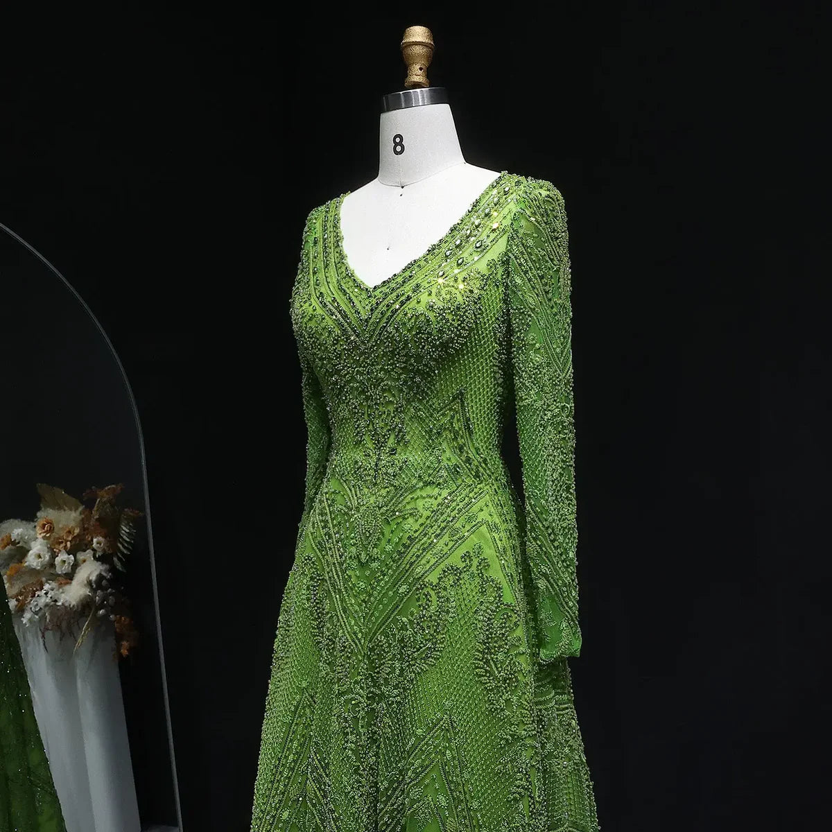 Lime Glow Full-Crystal Gown with Long Sleeves and V-Neckline
