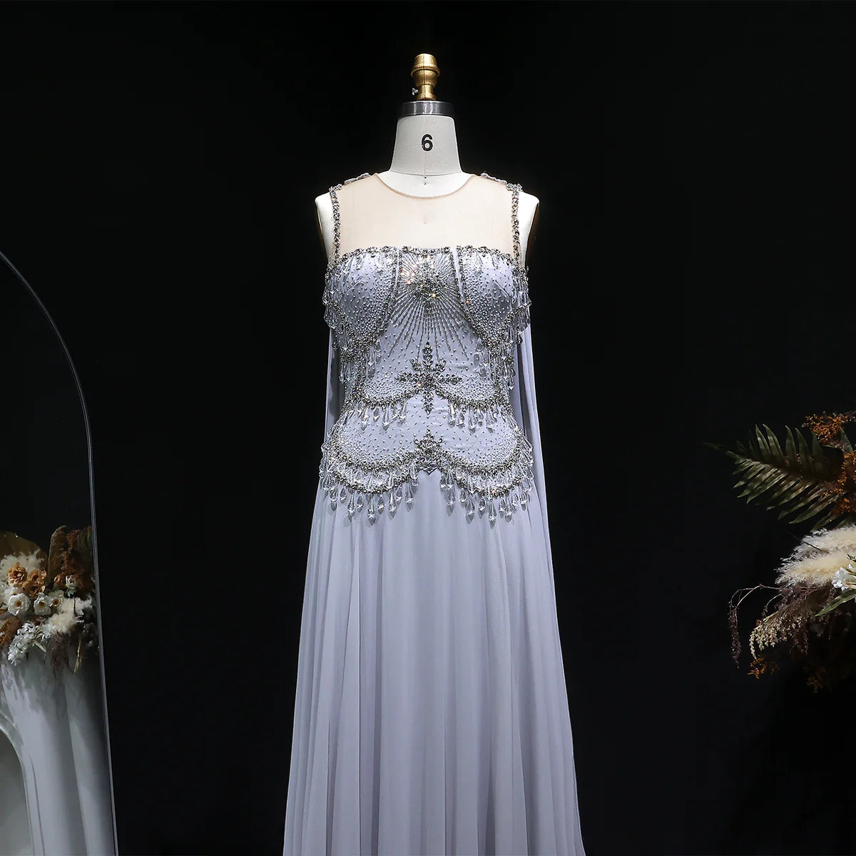 Dusty Rose Pleated Chiffon Gown with Chandelier Beading