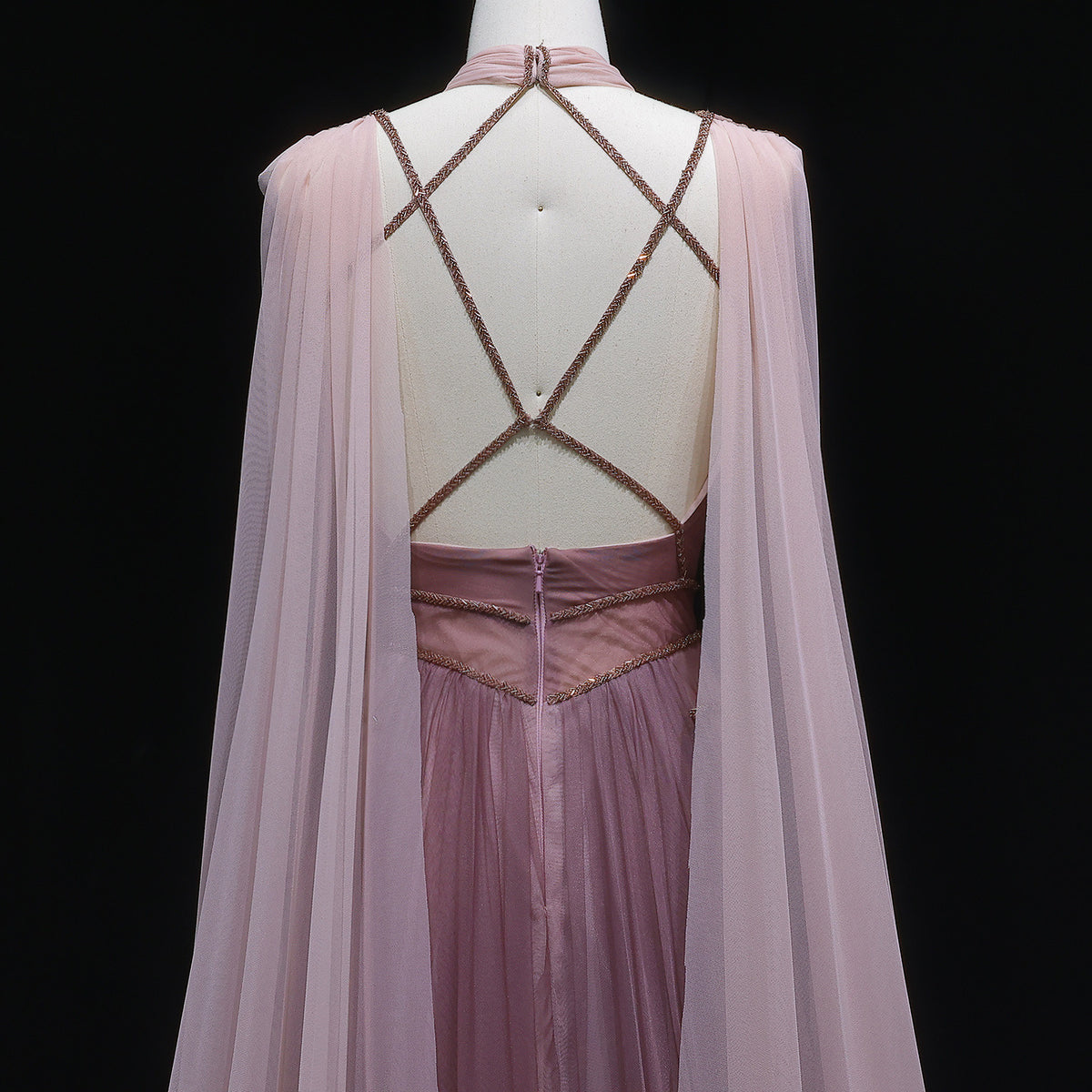 Pink Grecian Draped Gown with Chiffon Cape and Criss-Cross Back Detail