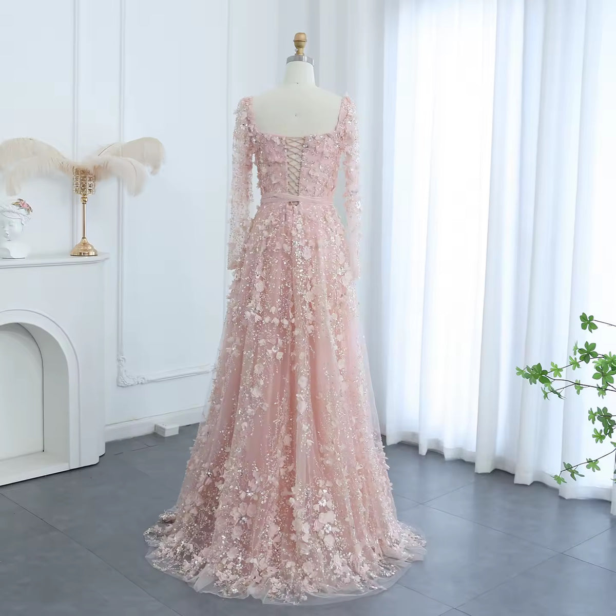 Luxury 3D Flower Long Sleeves Evening Dress