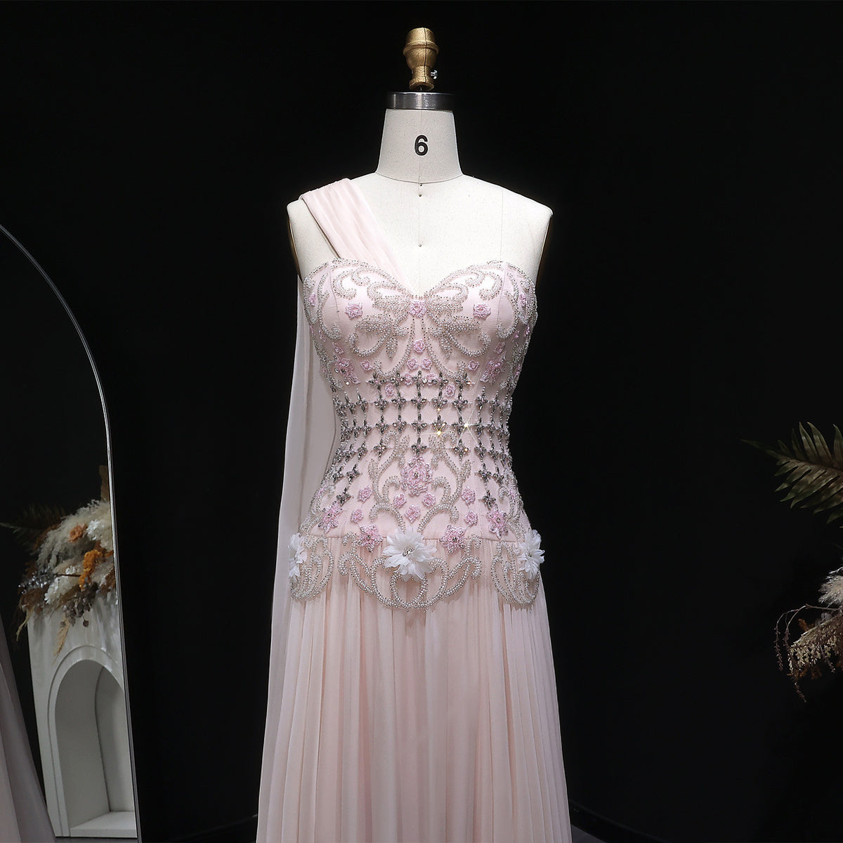 Dusty Pink One-Shoulder Beaded A-Line Evening Dress