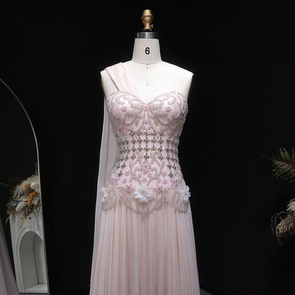 Dusty Pink One-Shoulder Beaded A-Line Evening Dress