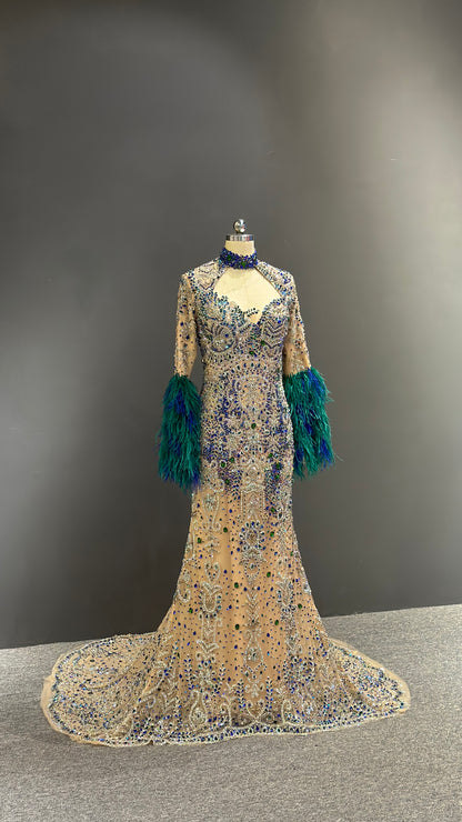 Hand-Embroidered Crystal & Feather Trim Couture Gown