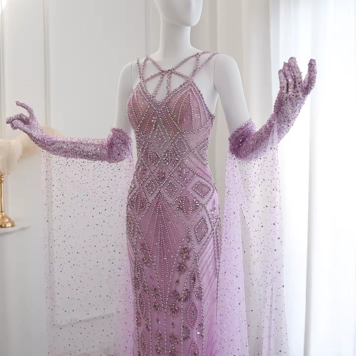 Luxury Lilac Evening Dress with Gloves Cape Sleeves Long Straight