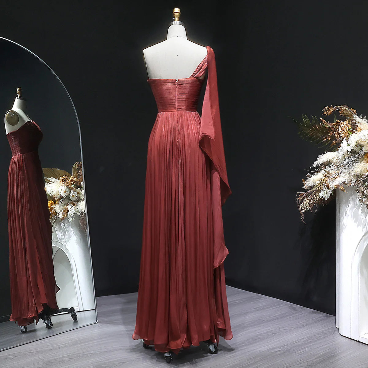Metallic Ruched One-Shoulder Gown