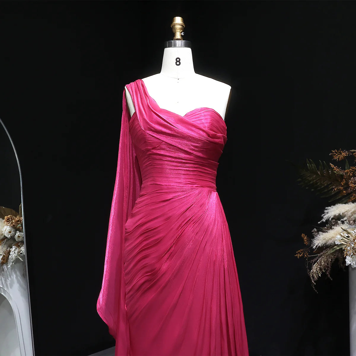 Metallic Ruched One-Shoulder Gown