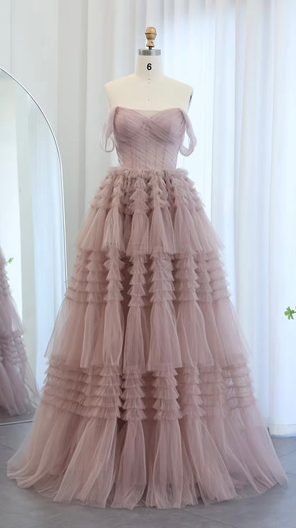 Blush Pink Off Shoulder Ruffles Evening Dress