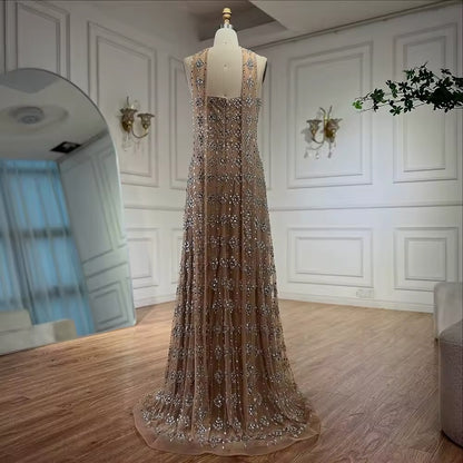 Nude Strapless Beaded A-Line Evening Dress