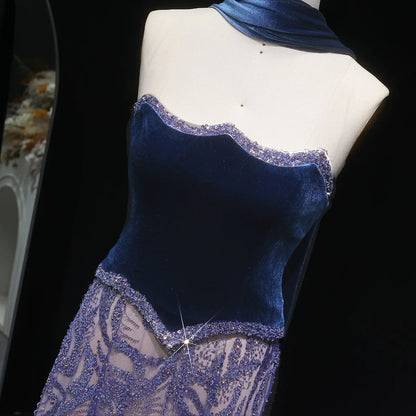 Gown with Velvet Corset & Flowing Scarf Drape