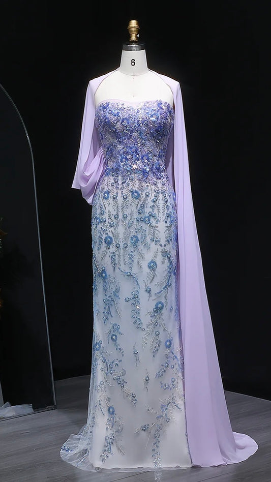 Whispering Bloom Embroidered Gown with Draped Cape and 3D Blue Florals