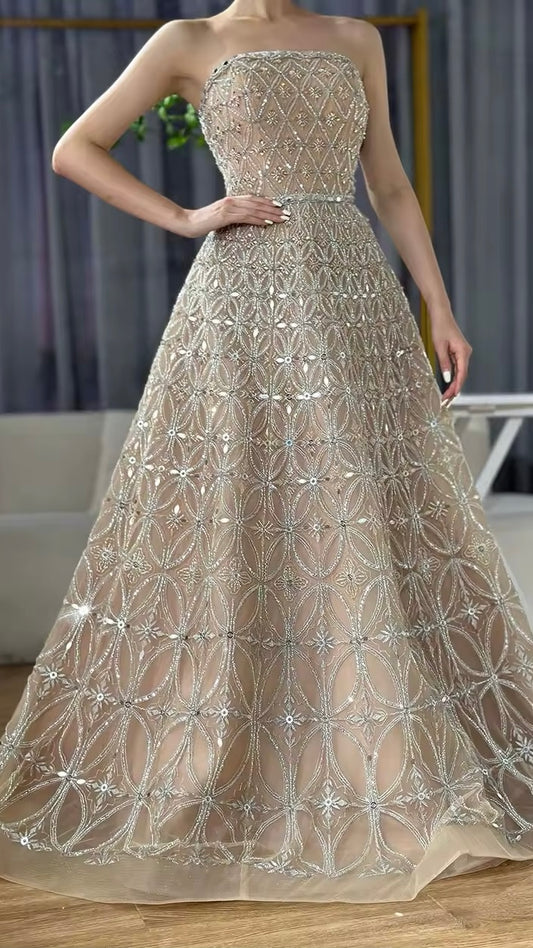 A Line Beaded Long Evening Dresses Gowns