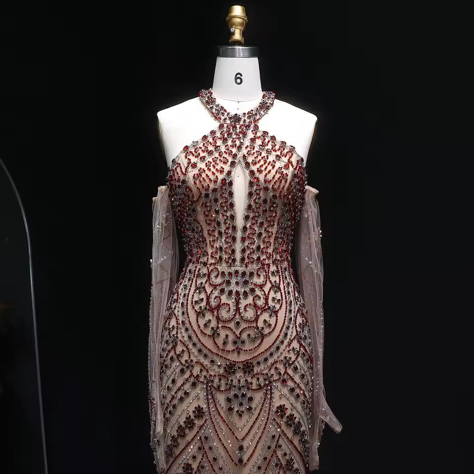 Crystal Embellished Gown with Draped Crystal Gloves and High Neck Cutout Detail
