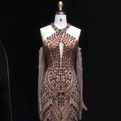 Crystal Embellished Gown with Draped Crystal Gloves and High Neck Cutout Detail