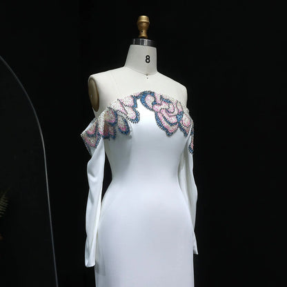 “Petal Edge” Sleek Gown with Off-Shoulder Sleeves and Crystal Floral Embroidery