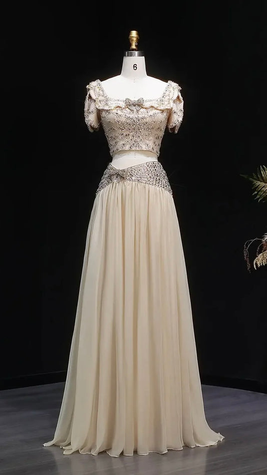Elegant Fully Beaded Crop Top and Draped Skirt Set with Delicate Bows