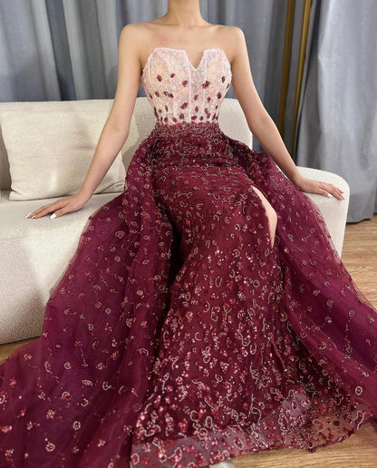 ‏Elegant Burgundy-Blue Ball Gown with Embellished Corset