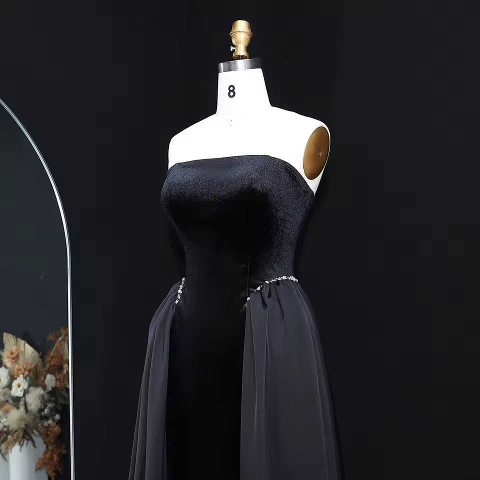 Velvet Strapless Gown with Draped Chiffon Panels and Crystal-Embellished Waist