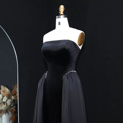 Velvet Strapless Gown with Draped Chiffon Panels and Crystal-Embellished Waist
