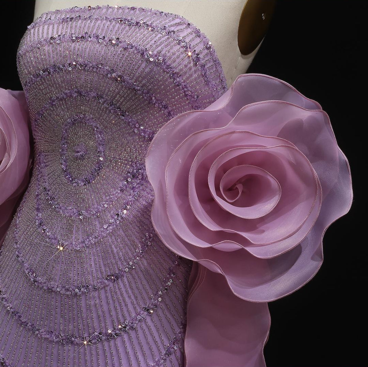 Strapless purple evening gown with 3D floral ruffles