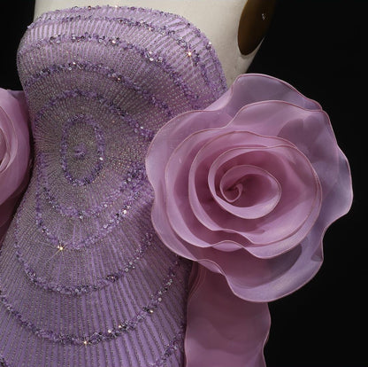 Strapless purple evening gown with 3D floral ruffles
