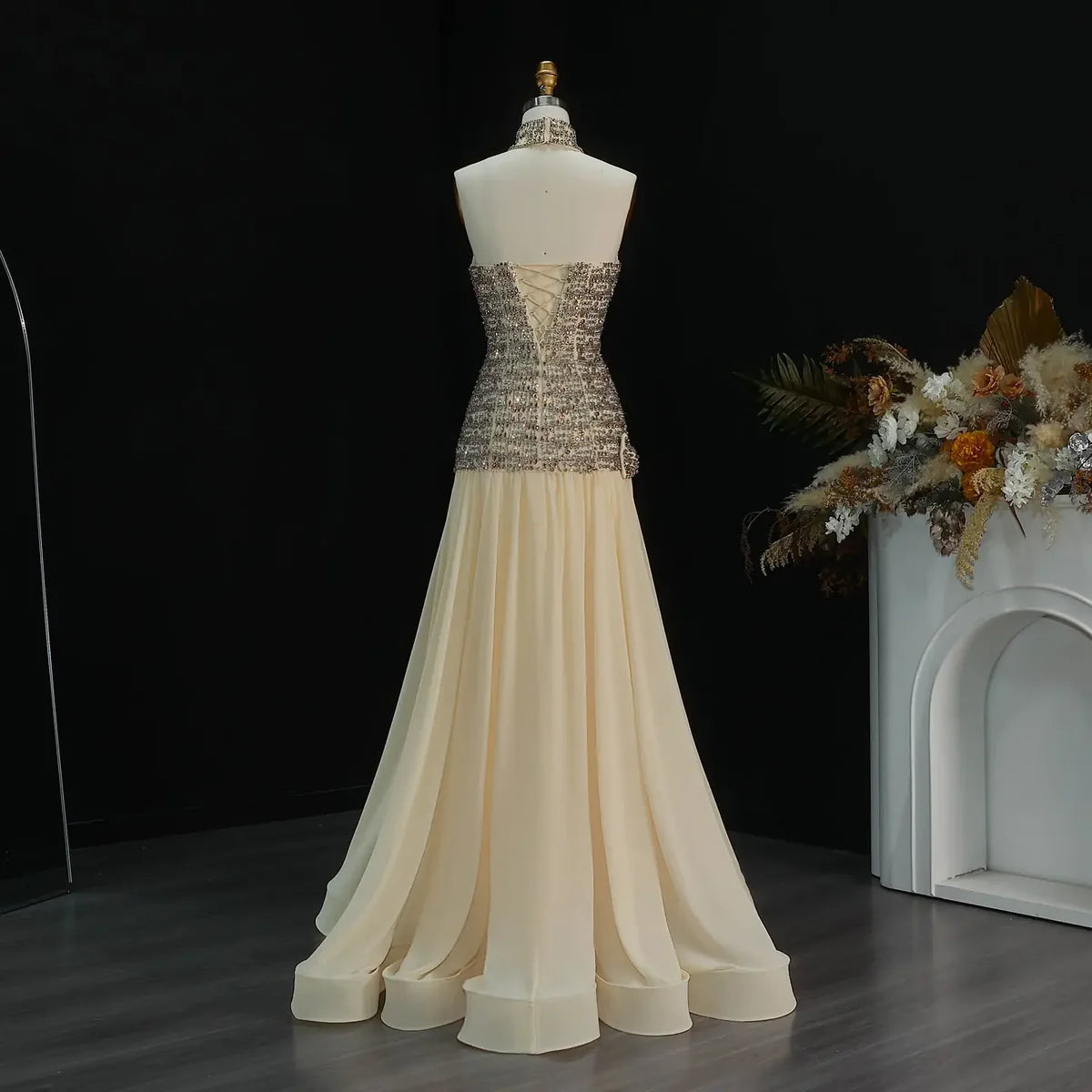 Elegant Fully-Beaded Bodice Dress with Matching Choker and Waist Bow