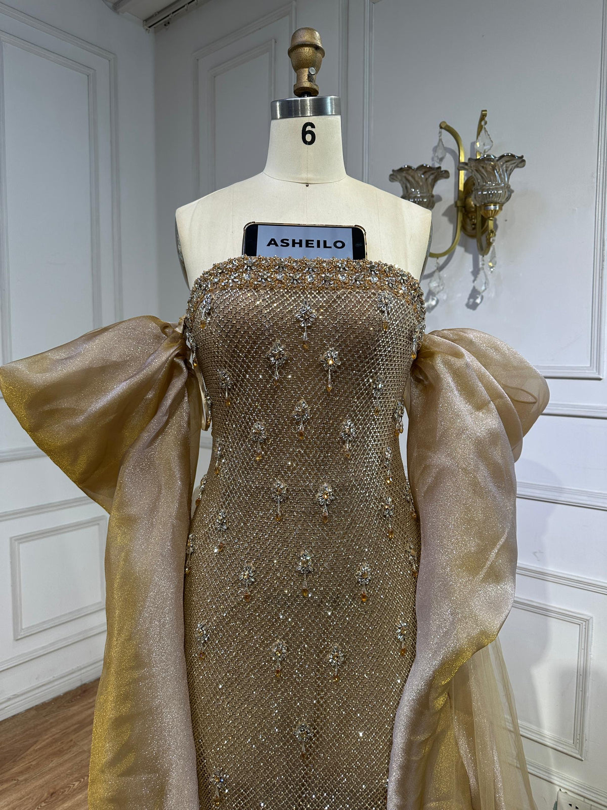 Luxury Gold Crystal Mermaid Evening Dress With Cape