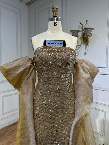 Luxury Gold Crystal Mermaid Evening Dress With Cape