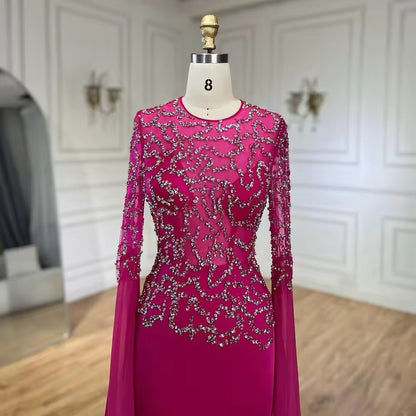 Fuchsia Mermaid Evening Dress, Beaded with Elegant Cape Sleeves