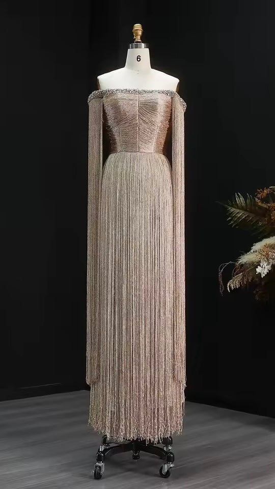 Champagne Gold Beaded Fringe Glamour Dress