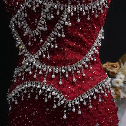 Luxury Beaded Crystal Long Straight Evening Dress